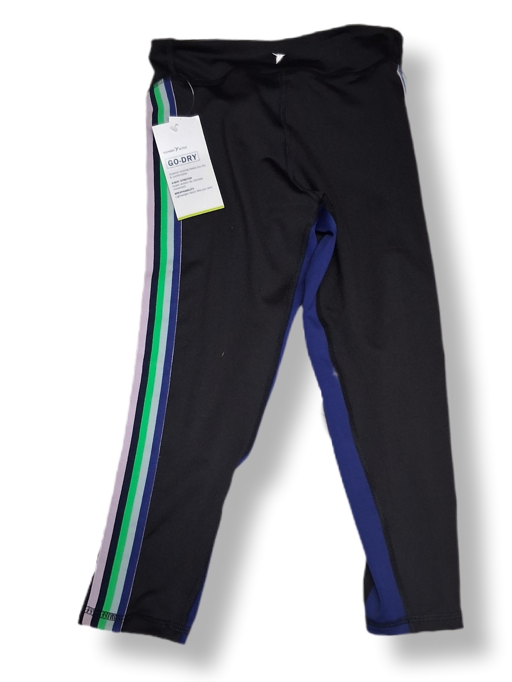 Old Navy Black Leggings with Green & Blue Side Stripes